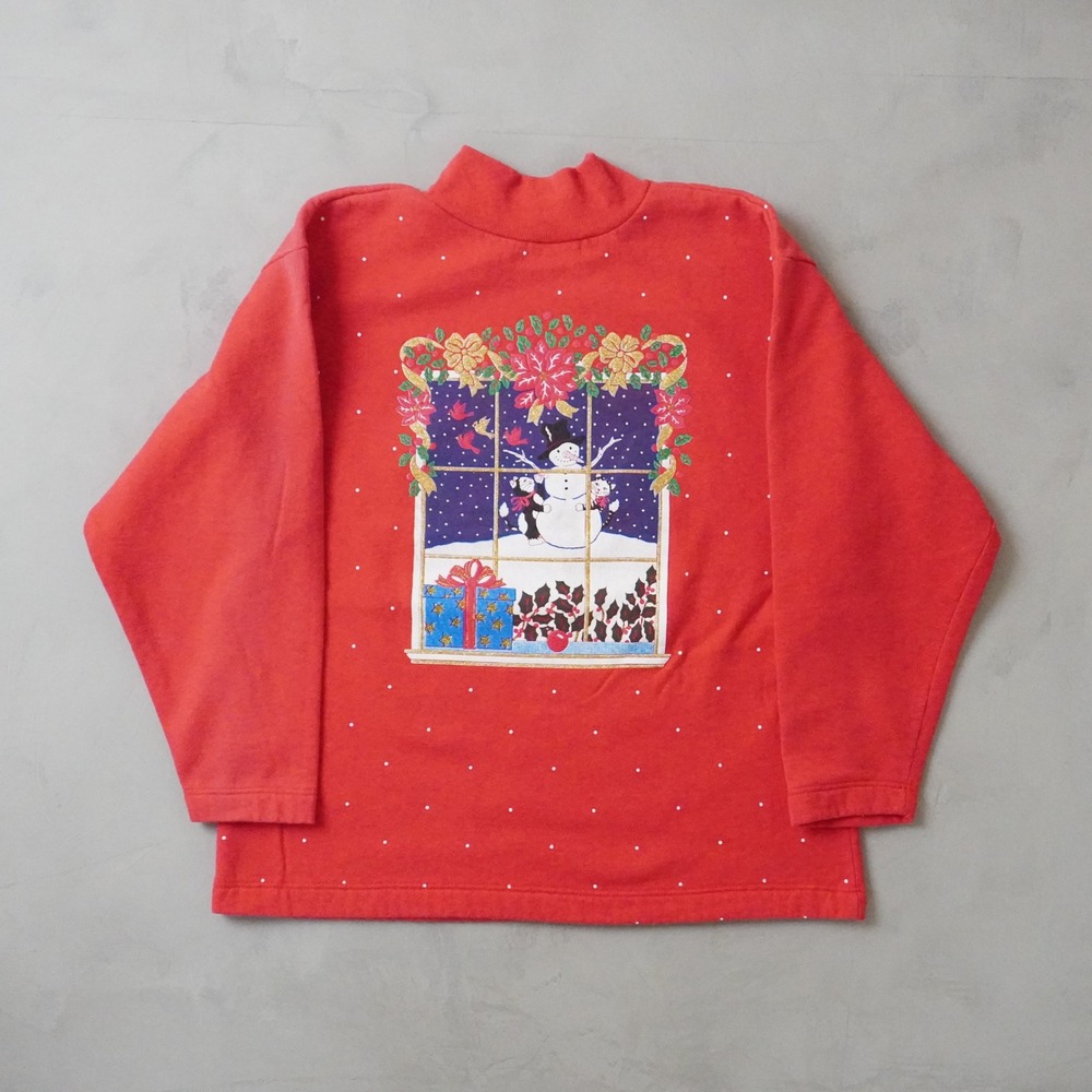 Vintage Christmas Cats Sweatshirt Medium 90s Red Snowman Mock Neck USA